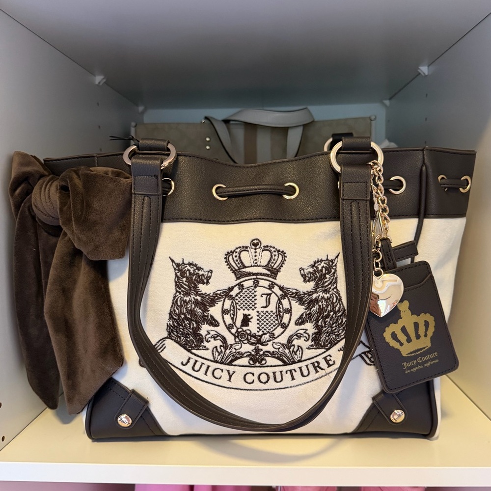 Juicy Couture Cream and Black Tote with Crest and Charm
